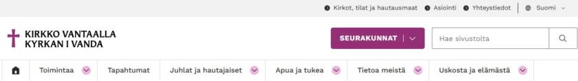 Kuvankaappaus seurakunnan navigaatiosta.