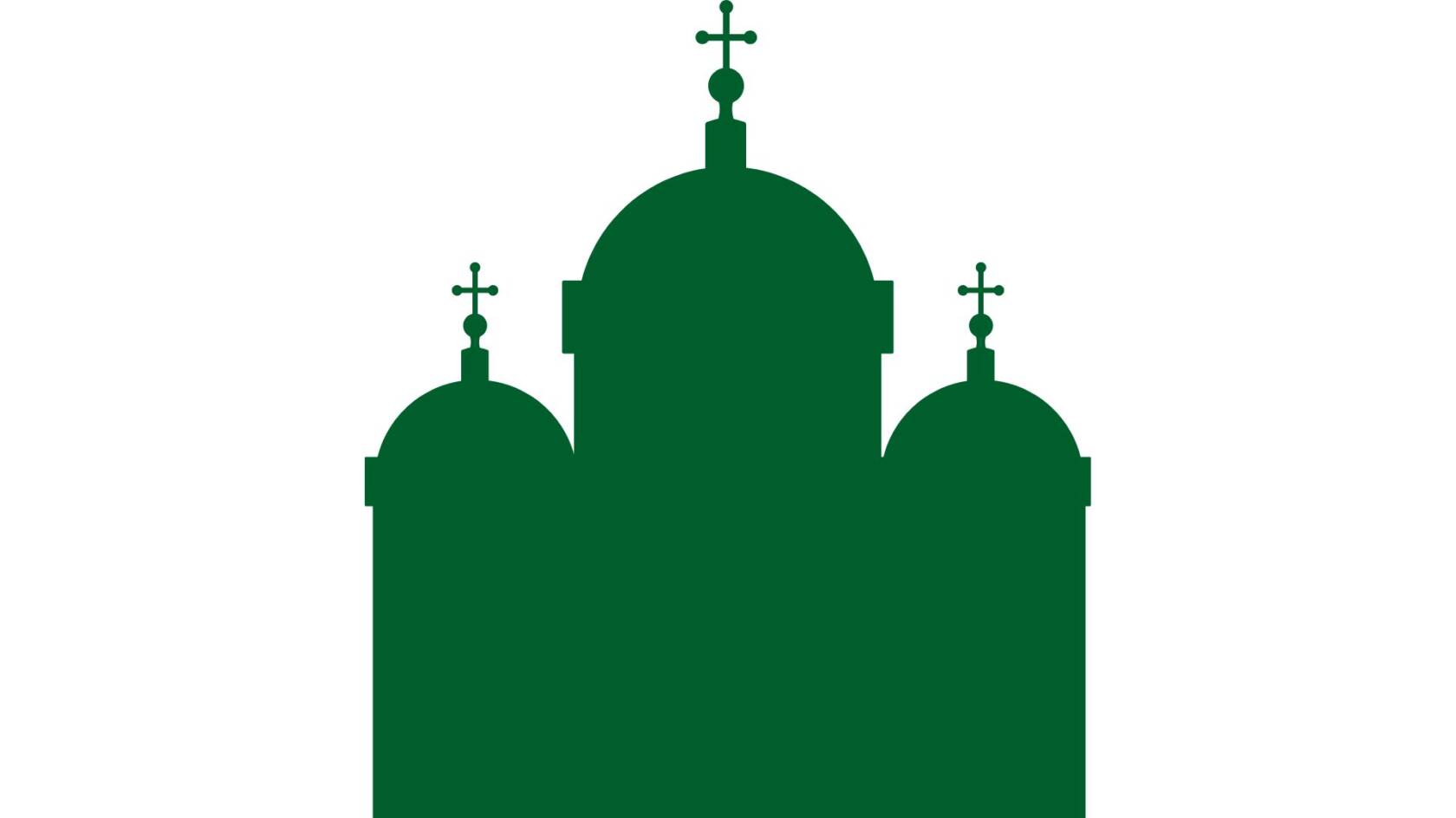 En ritad siluettbild av en grön kyrkobyggnad.