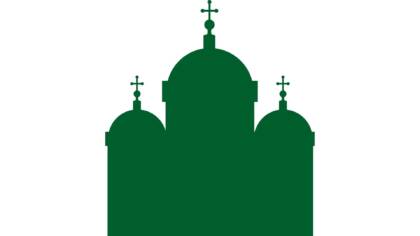 En ritad siluettbild av en grön kyrkobyggnad.