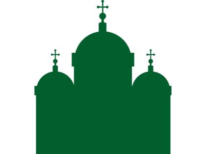 En ritad siluettbild av en grön kyrkobyggnad.
