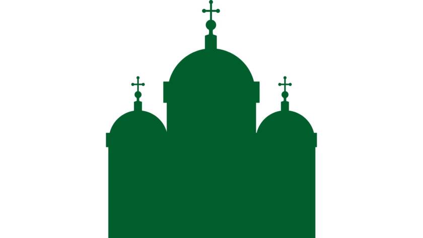 En ritad siluettbild av en grön kyrkobyggnad.