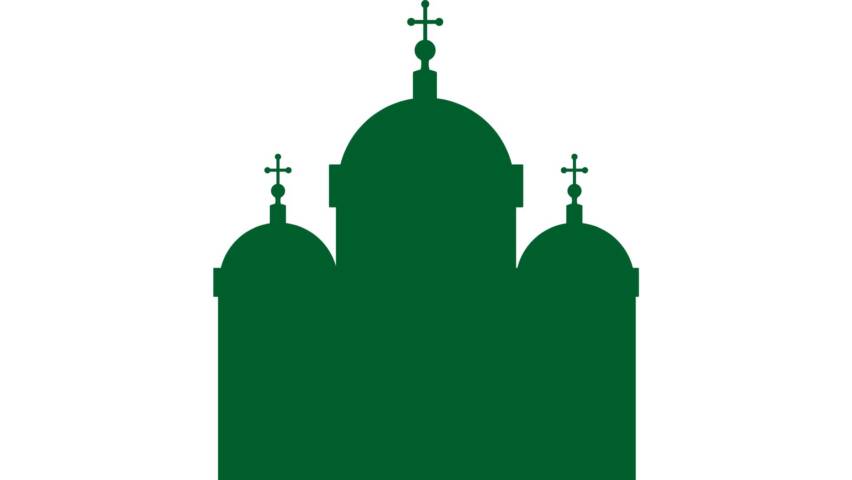 En ritad siluettbild av en grön kyrkobyggnad.