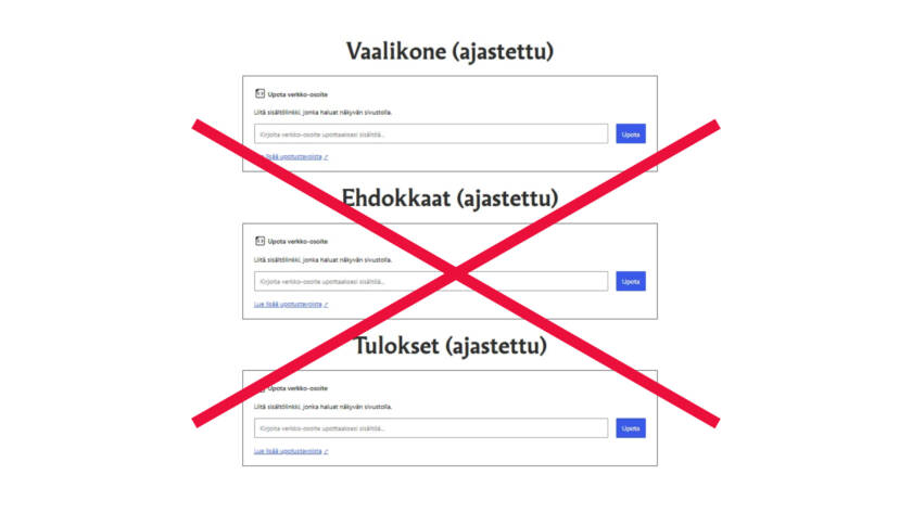 Kuvankaappaus vaalisivumallista, jossa käytetty kolmea väärää Upota-lohkoa ja niiden päällä punainen ruksi.